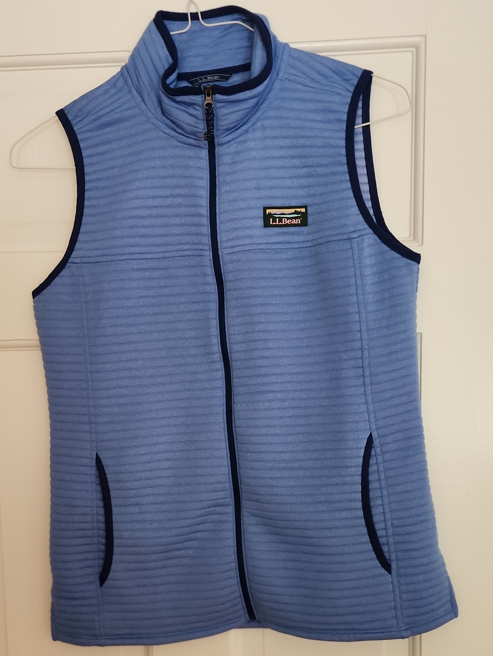 L.L. Bean Light Blue Quilted Fleece Vest with Navy Trim